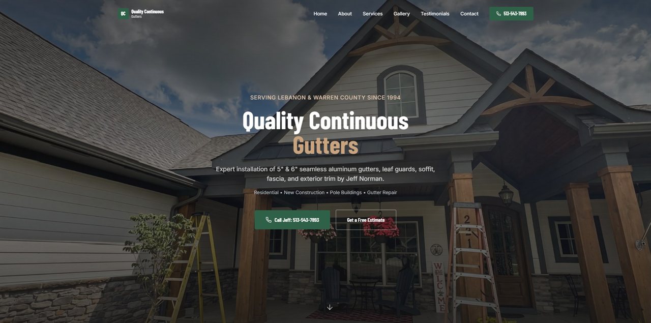 Quality Continuous Gutters website built by Keyway Marketing Group